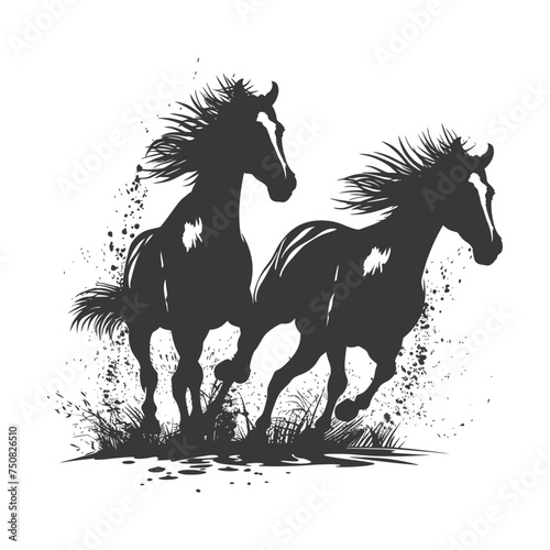 Silhouette two horses galloping