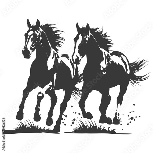 Silhouette two horses galloping
