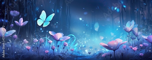 Dreamy iridescent blue flowers. Bioluminescent garden and butterflies. Abstract floral background wallpaper