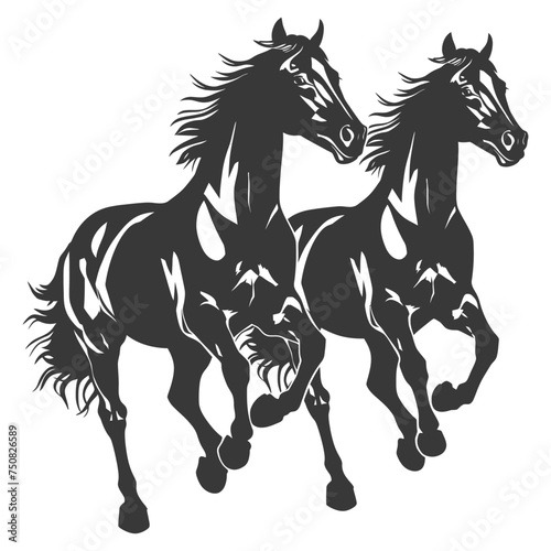 Silhouette two horses galloping