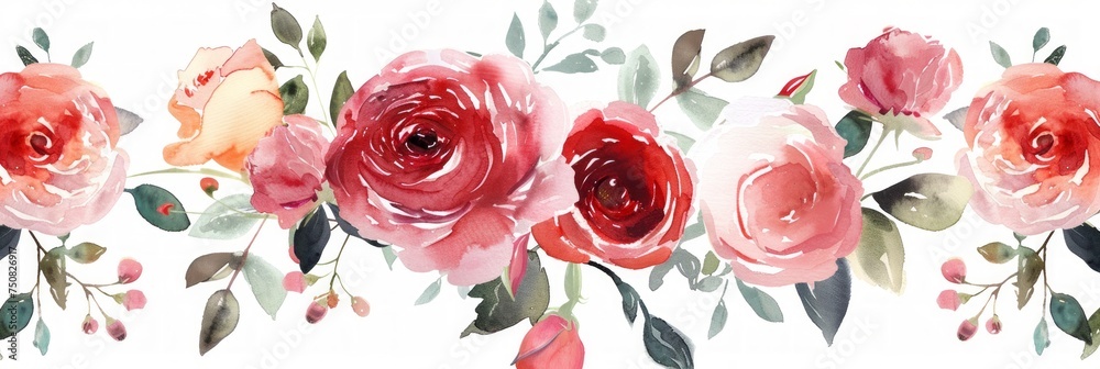 Watercolor Roses Clip Art on White Background Generative AI