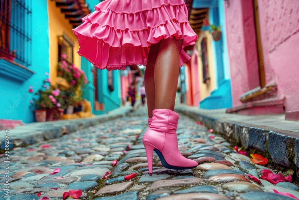 A stylish woman in a vibrant pink dress and high heels is gracefully posing for the camera A stylish woman in a vibrant pink dress and high heels is gracefully posing for the camera