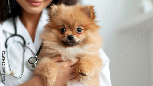 Cropped image of female veterinarian with stethoscope holding Pomeranian Spitz puppy in veterinary clinic on white banner background, copy space for text. Pet care