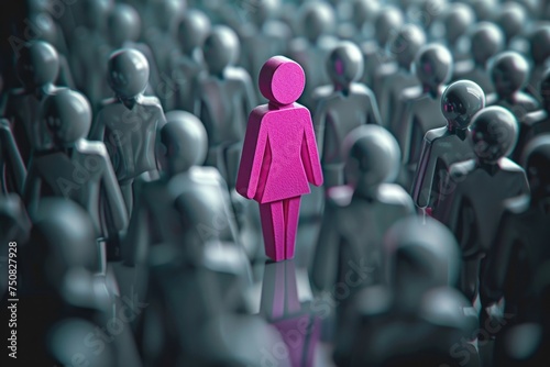 A lone figure dressed in vibrant pink stands apart from a sea of identical silhouettes in a grayscale world