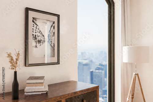 wooden rustic dresser wardrobe standing in room corner; bright daylight shining  from large window; empty mock up poster frame standing on furniture; home decoration desing; 3D rendering