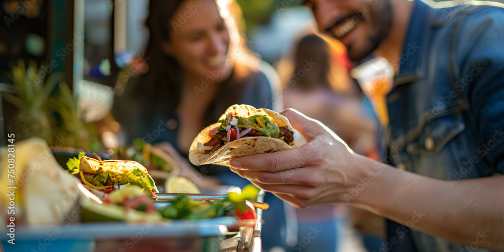 Happy couple sharing tacos in front of a Mexican Food Truck sitting by outdoor dining table have a lot of fun, sweet heart warming romantic scene of lovers dating backgrounds with copy space. - obrazy, fototapety, plakaty 