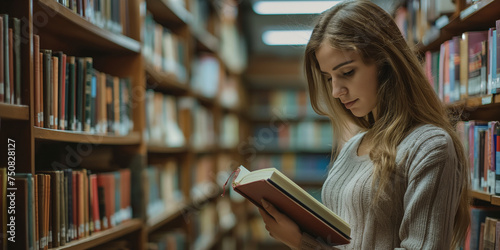 Young woman reading a book in a library among shelves full of books, concept of Education, high school, university, learning and people concept. Smiling student girl reading book.