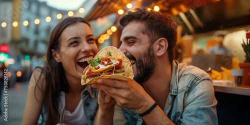 Happy couple sharing tacos in front of a Mexican Food Truck sitting by outdoor dining table have a lot of fun, sweet heart warming romantic scene of lovers dating backgrounds with copy space.