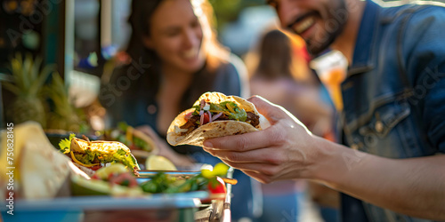 Happy couple sharing tacos in front of a Mexican Food Truck sitting by outdoor dining table have a lot of fun, sweet heart warming romantic scene of lovers dating backgrounds with copy space. photo