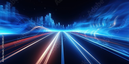 Abstract road with blue light trails , data transfer speed and digitization concept