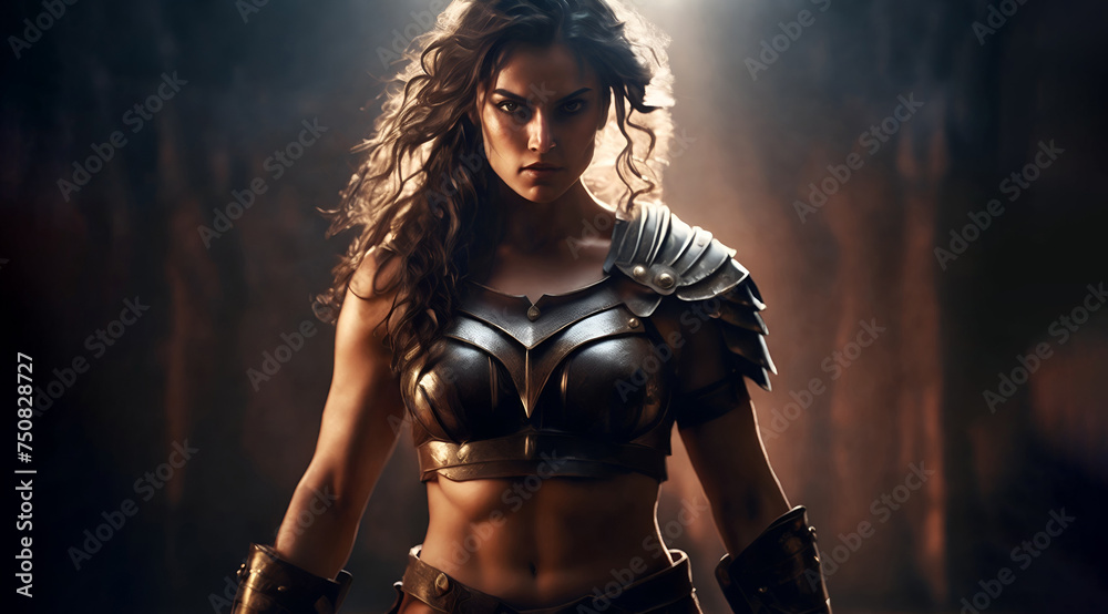 Female roman gladiator. Powerful amazon warrior with copy space