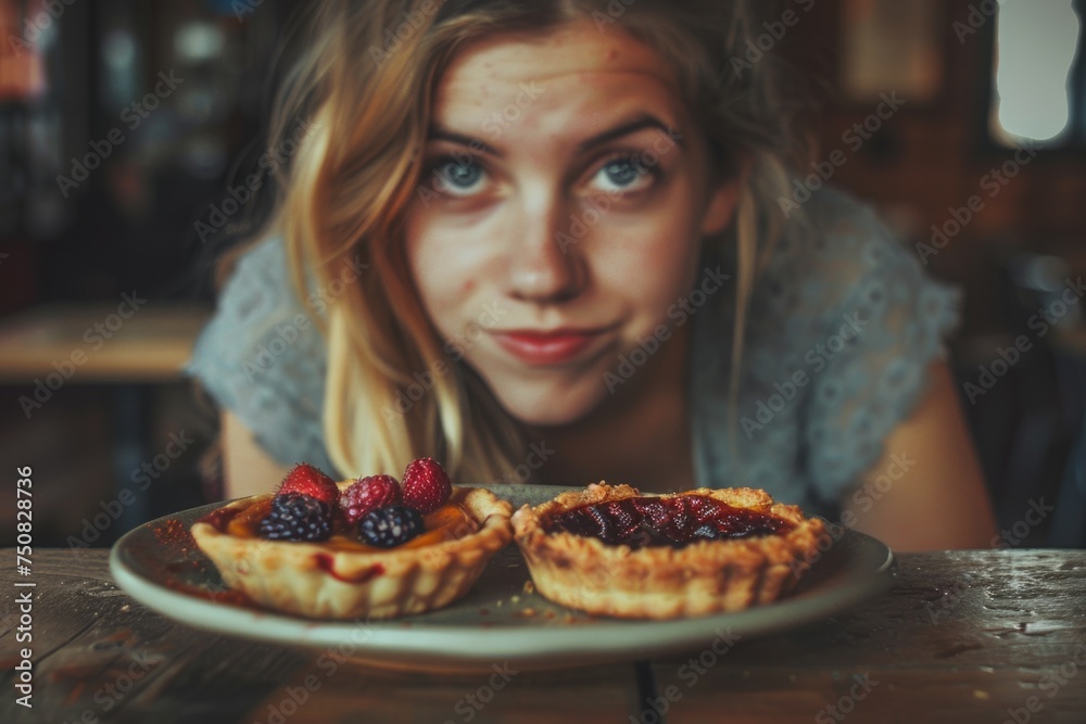 A woman sitting at a table, engrossed in gazing at a tempting plate of pies A woman sitting at a table, engrossed in gazing at a tempting plate of pies