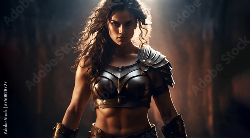 Female roman gladiator. Powerful amazon warrior with copy space