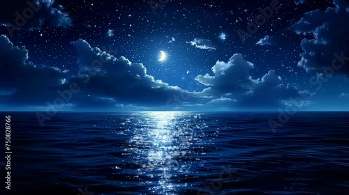 The magnificence of a starry night sky over a calm ocean. Fantasy landscape anime or cartoon style, looping 4k video animation background