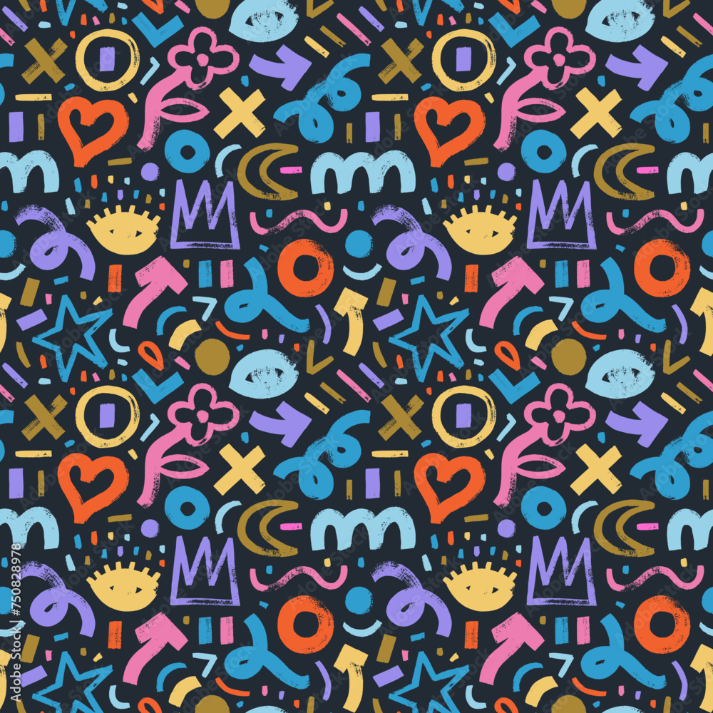 Children style colored seamless pattern with bold brush drawn doodle shapes. Hand drawn organic naive shapes and lines. Girly creative abstract background with crowns, hearts, various quirky figures.
