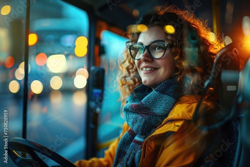 A woman bus driver steering the bus at night, her hair flowing in the wind as she navigates the road with a smile on her face