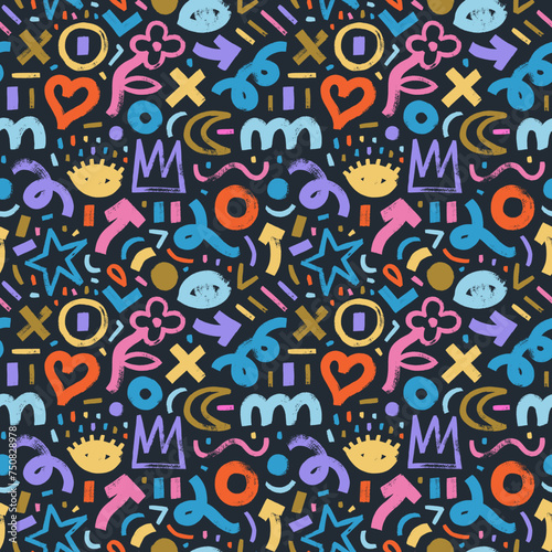 Children style colored seamless pattern with bold brush drawn doodle shapes. Hand drawn organic naive shapes and lines. Girly creative abstract background with crowns  hearts  various quirky figures.