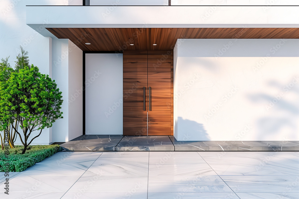 Modern Home Facade with Wood Panel Door and Marble Entry. Sunlit modern home entrance boasting a rich wood panel door set within a marble-tiled entryway, complemented by lush green landscaping. Modern Home Facade with Wood Panel Door and Marble Entry. Sunlit modern home entrance boasting a rich wood panel door set within a marble-tiled entryway, complemented by lush green landscaping.