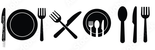 Fork, knife, plate and spoon. Menu symbol. Restaurant icon. Food, plate, fork, knife, spoon, cutlery icon set. Vector.eps10