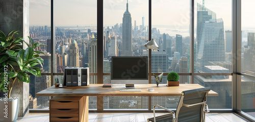 Contemporary workspace with clean lines, neutral decor, and expansive city views.