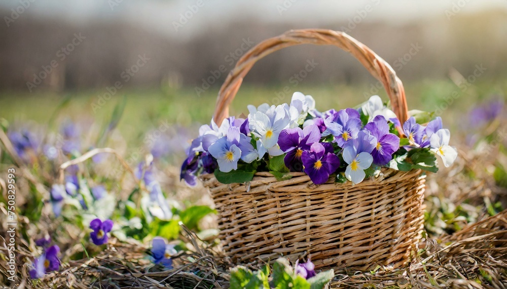 purple violets in a wicker basket on a field of flowers - obrazy, fototapety, plakaty 