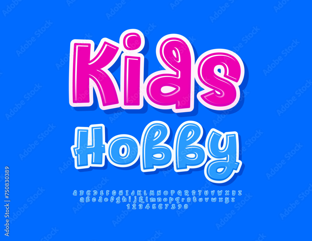 Vector creative logo Kids Hobby with Blue Font. Glossy playful Alphabet Letters and Numbers set. Vector creative logo Kids Hobby with Blue Font. Glossy playful Alphabet Letters and Numbers set.