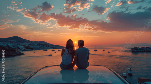 A retro vibe as a couple sits on an old car enjoying the stunning sunset over a scenic coastal village © Fxquadro