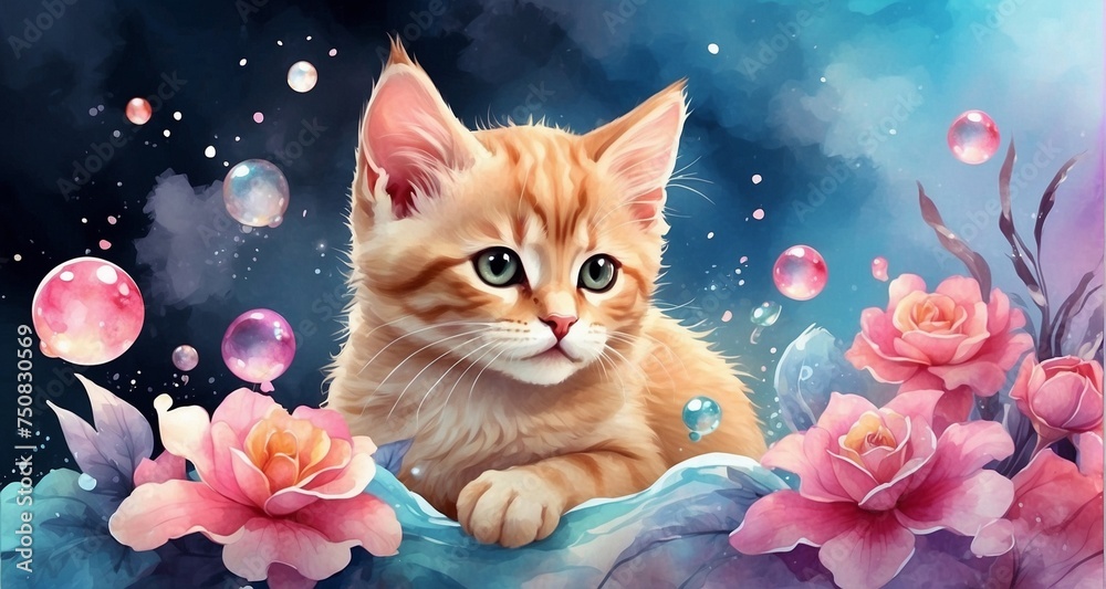 Illustrate a watercolor fantasy kitten clipart with vibrant, fantastical surroundings, such as floating bubbles, swirling galaxies, or blooming flowers. -AI Generative Illustrate a watercolor fantasy kitten clipart with vibrant, fantastical surroundings, such as floating bubbles, swirling galaxies, or blooming flowers. -AI Generative