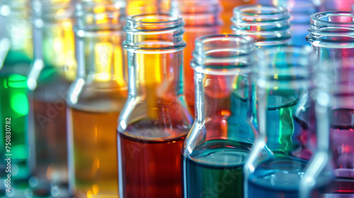 Glass bottles containing a layered, multi-colored solution, showcasing the complexity and beauty of biochemistry in medical research, Glass bottles in production, Virologist, Bioch