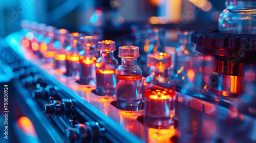 A detailed shot of glass bottles on a conveyor, being filled with a substance that glows under specific lighting, a breakthrough in immune system therapy, Glass bottles in producti