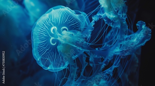 A close-up of a bioluminescent jellyfish casting an ethereal glow in the dark ocean depths.