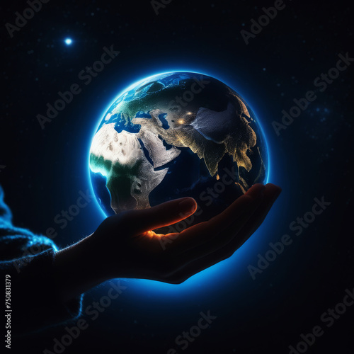 Hand holding and protect earth planet glowing. Earth day. Save earth and environment concept. 