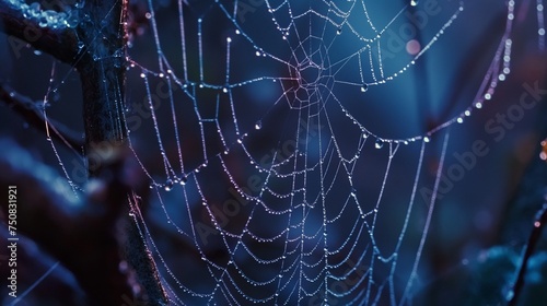 A close-up of a delicate spiderweb covered in morning dew.