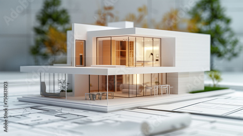 3D small white modern house model on architecture table , generative ai