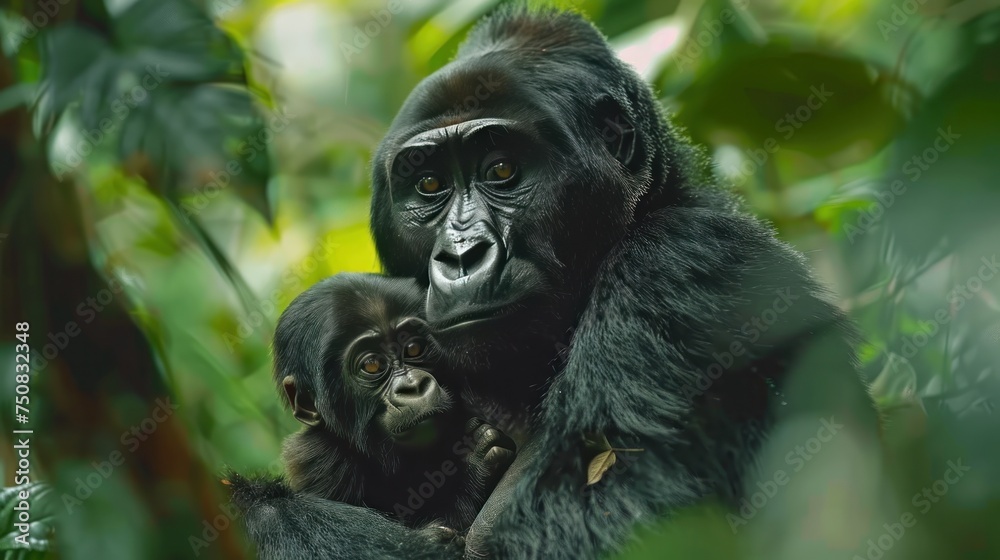 Mother Gorilla and Baby in Jungle Mother Gorilla and Baby in Jungle