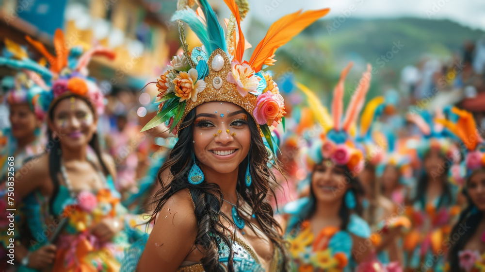 Woman in Colorful Headdress Smiles Woman in Colorful Headdress Smiles