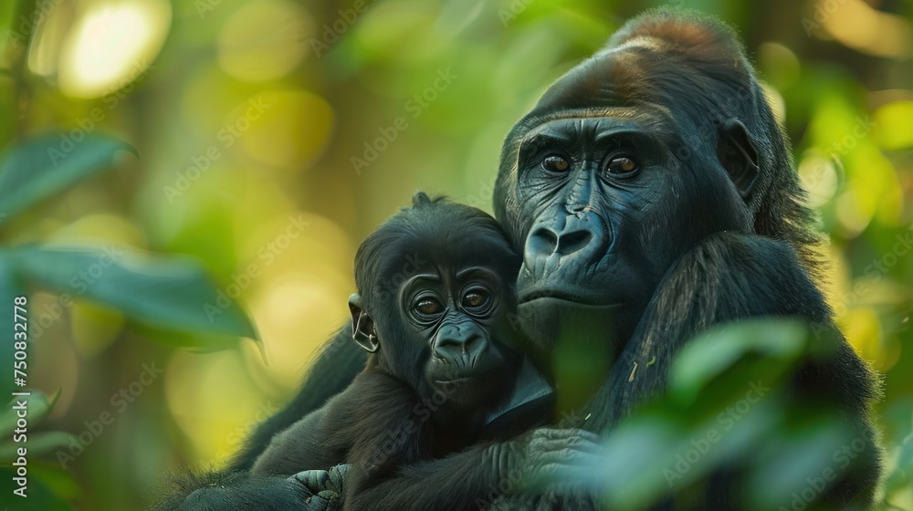 Mother Gorilla and Baby in Jungle Mother Gorilla and Baby in Jungle
