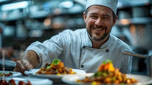 Man in Apron Holding Plate of Food