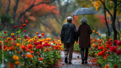 Man and Woman Walking Through Field of Flowers