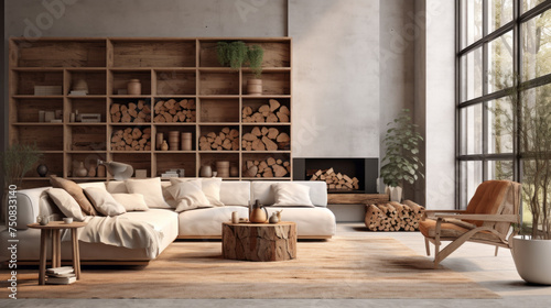 A modern living room with a rustic touch of natural materials like wood and jute