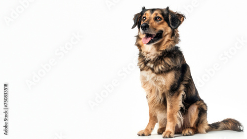 The image features a dog sitting patiently with its face blurred, possibly to depict anonymity or focus on form