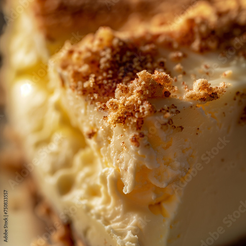 Close-up of a creamy cheesecake slice with a crumbled biscuit topping, highlighting the rich texture and tempting layers