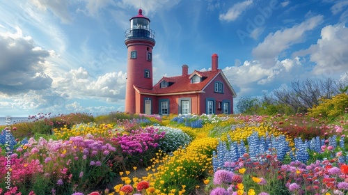Field of Flowers With Lighthouse in Background