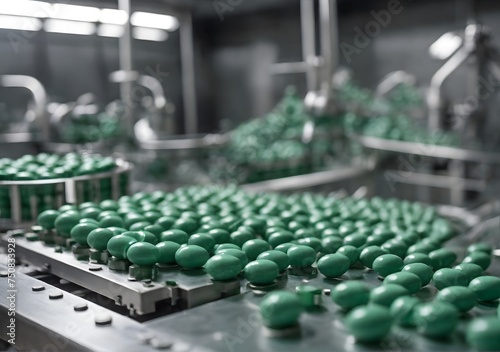 Green capsule medicine pill production line, Industrial pharmaceutical concept