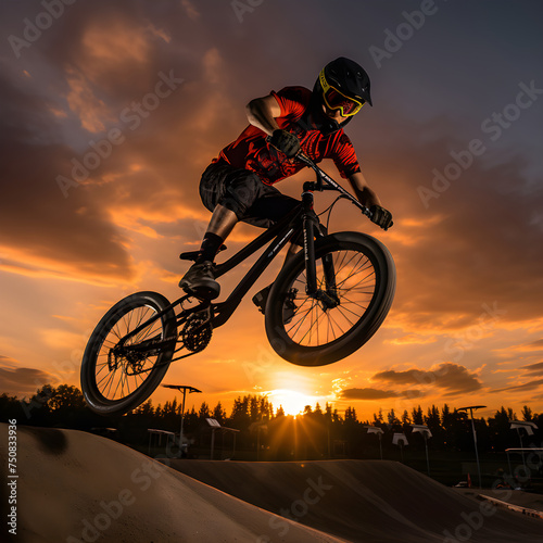 Illuminated by the Setting Sun: A BMX Rider Enthralls with Breathtaking Mid-Air Stunt in an Urban Skate Park