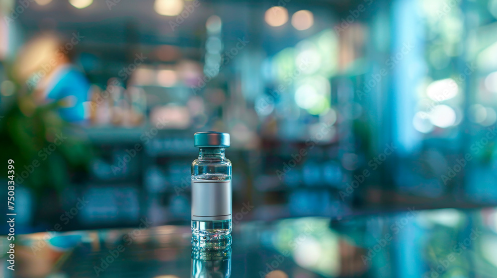 A sterile medical vial sits atop a reflective table in a softly lit pharmacy with bokeh lighting in the background, evoking a serene but modern healthcare atmosphere.