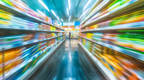Vivid streaks of color depict the hustle of a supermarket, with the motion blur creating an impression of speed and choice in consumer culture. Abstract supermarket aisle motion blur;
