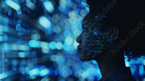 African American woman with digital face art against blurred lights. Woman profile in digital enhancement backdrop. Futuristic digital technology concept with female portrait photo