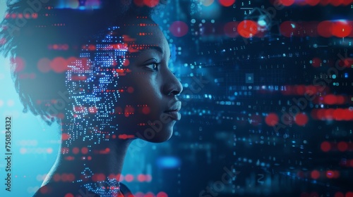 Digital human profile with red and blue binary code. Merging of technology and biology in cybernetic portrait. Visual representation of data encryption and human complexity.