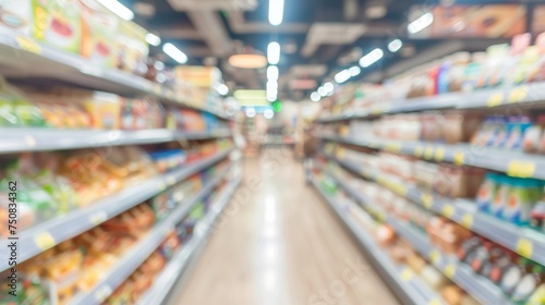 Supermarket aisles with various products in soft focus. Grocery shopping in a modern retail space with blurred background;